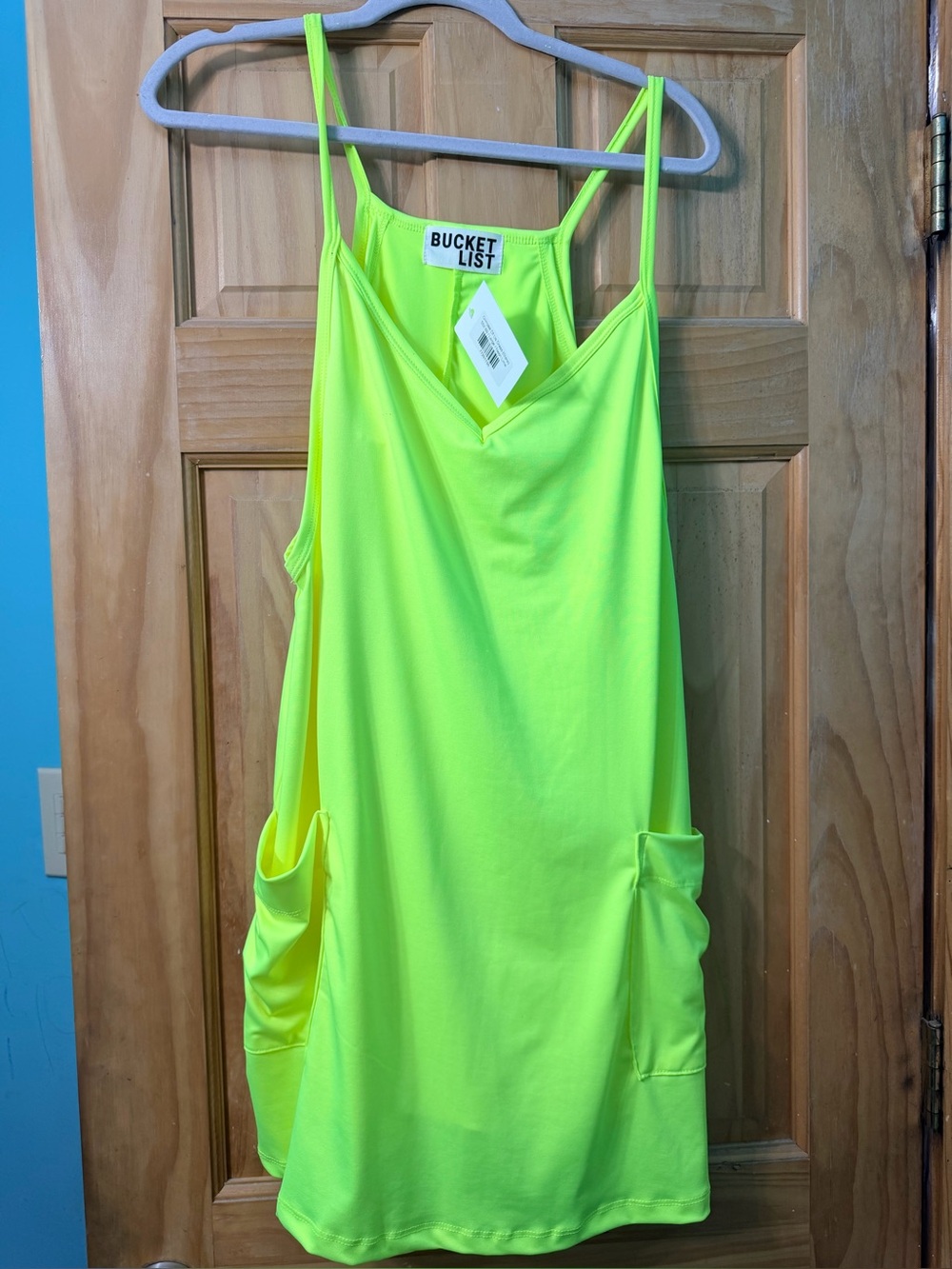 Large BUCKETLIST Neon Yellow Spaghetti-Strap Pocket Tank
